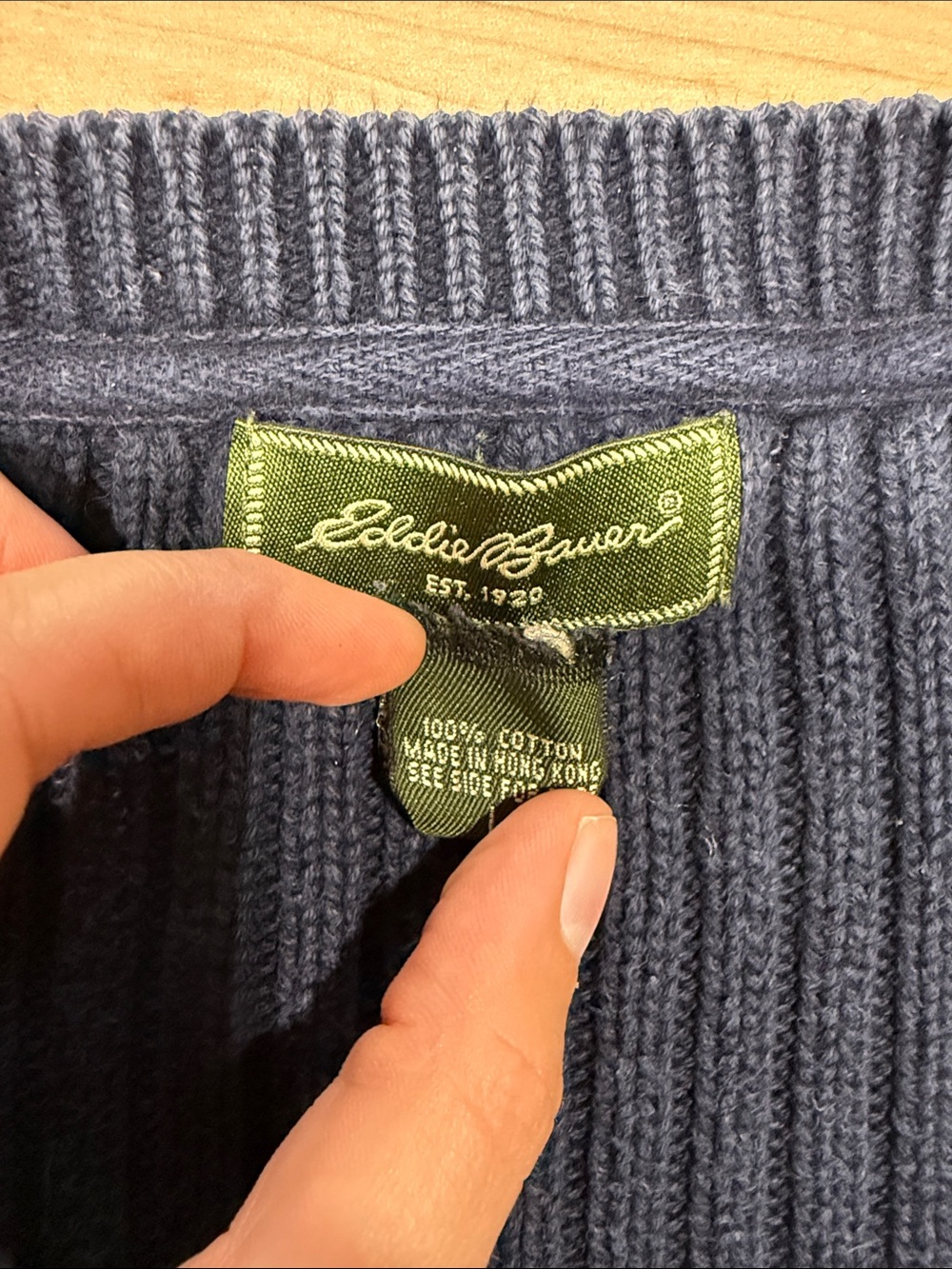Vintage Eddie Bauer Ribbed V-Neck Sweater in Navy - Heavy Cotton - Fall - Picture 4 of 5
